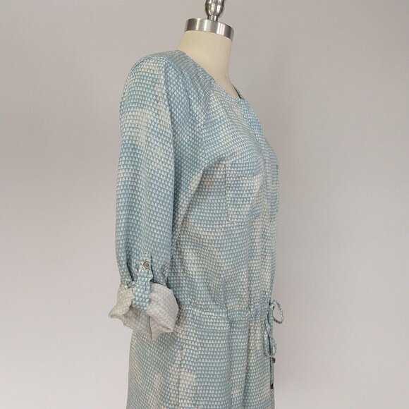 Lou & Grey Blue Geometric Print Drawstring Waist Dress Size S Roll Tab Sleeves - Picture 5 of 10